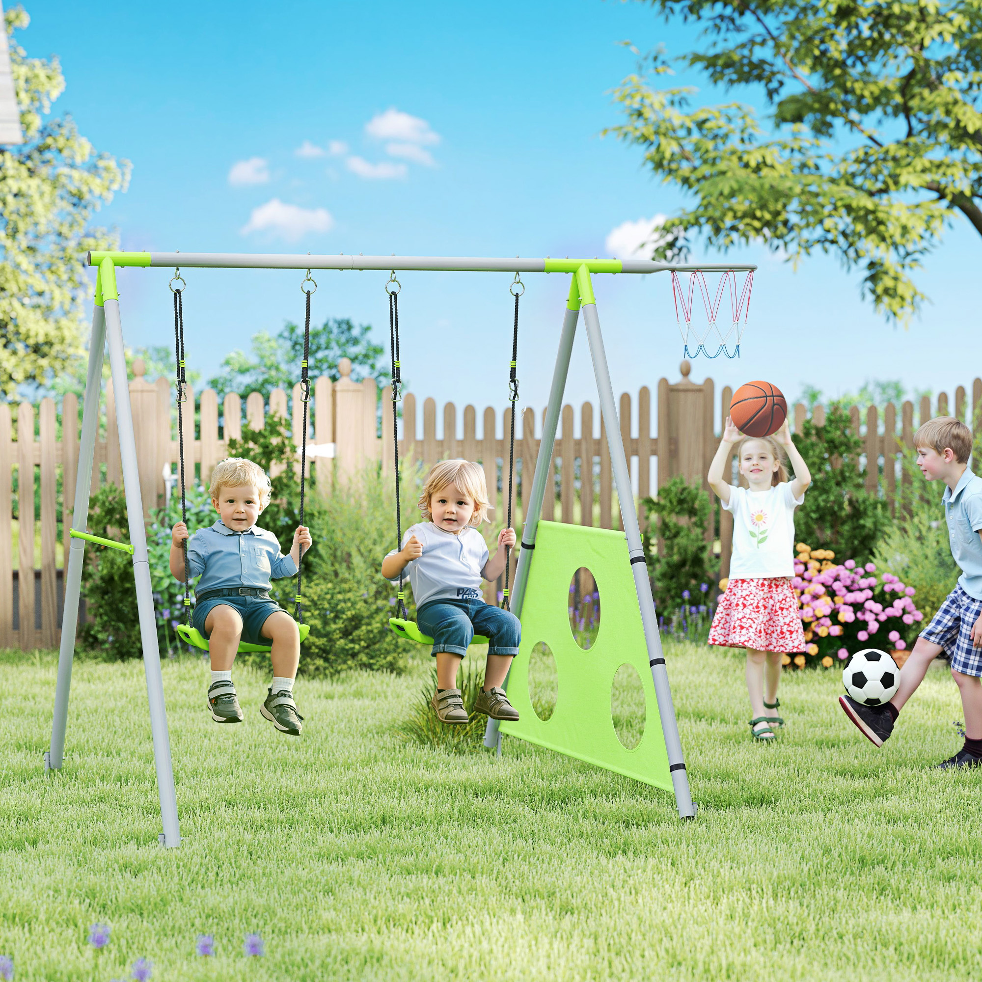 Aiyaplay Gioco per Bambini 3 in 1 con Altalena da Giardino, Canestro e Porta da Calcio, 238x180x182 cm,, Verde e Grigio