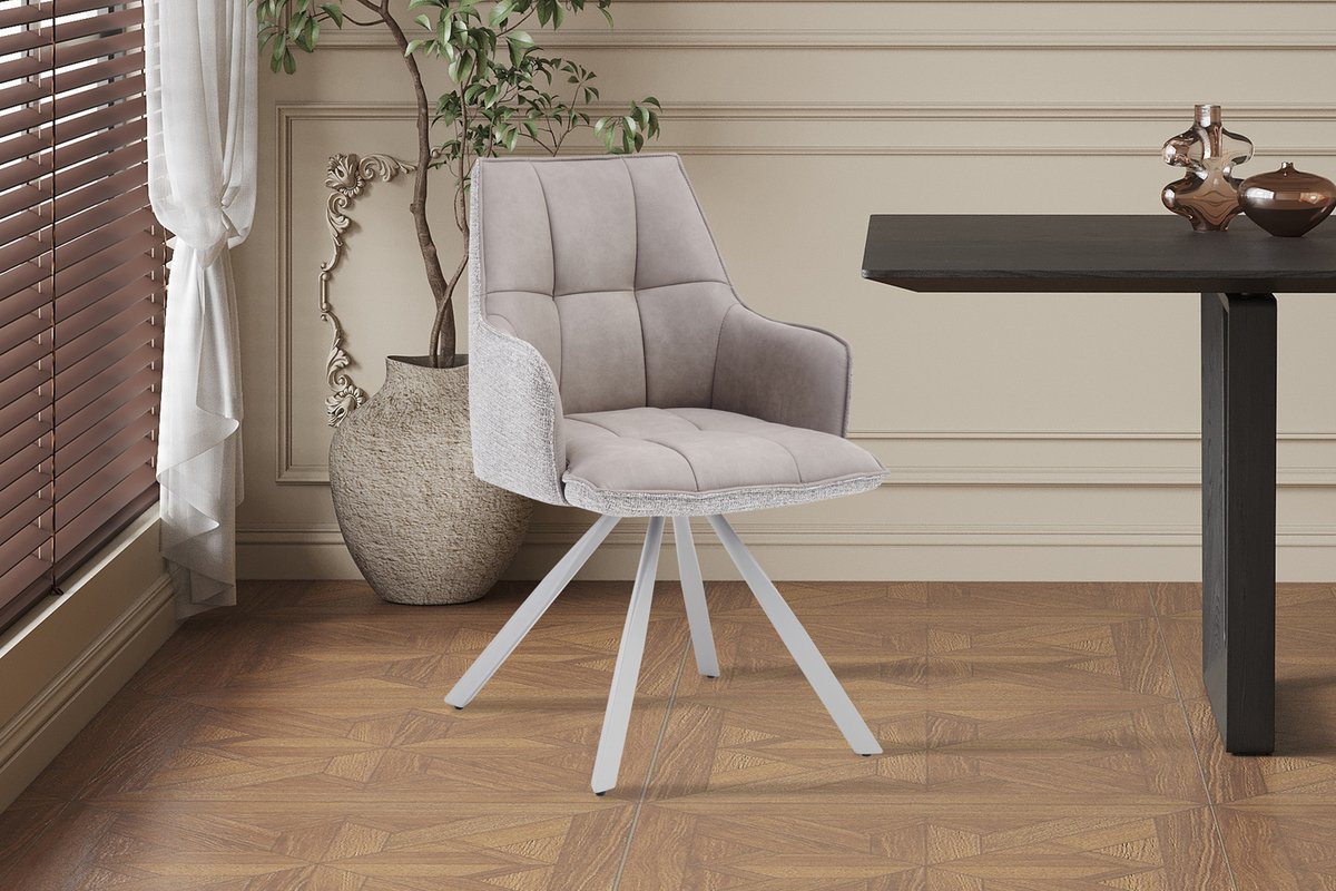 Draaibare Eetkamerstoel Solenne Beige met Armleuningen – PU & Stof – Toon-op-toon Onderstel