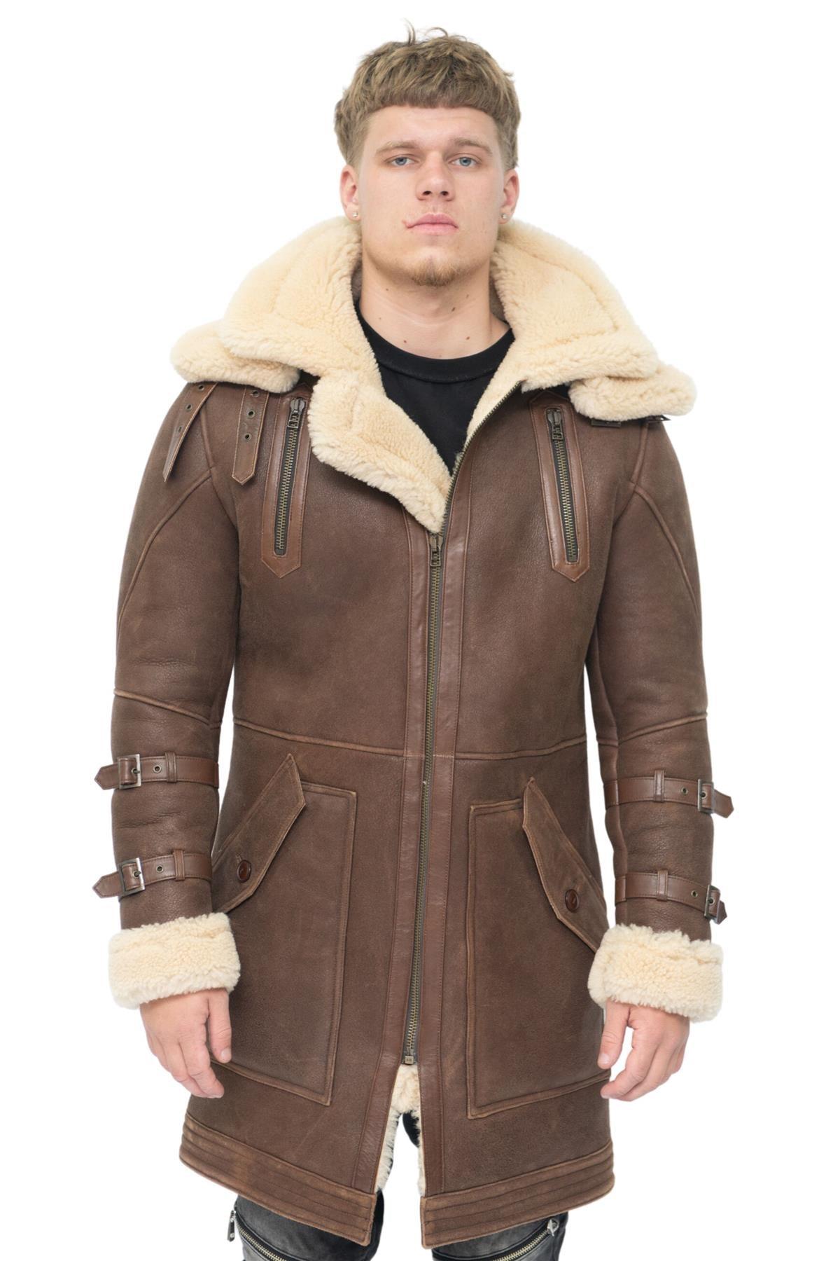 Herren-Trenchcoat aus warmem 3/4-Leder-Schaffell-Medina