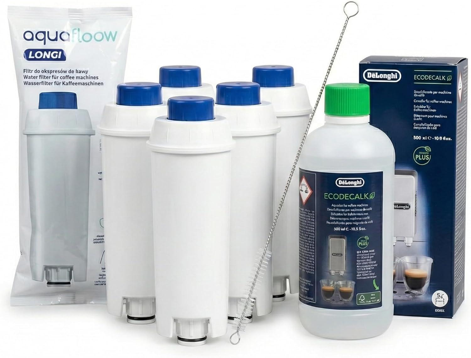 Aquafloow 5-voudig waterfilter met 500ml DeLonghi EcoDecalk vervanging voor DLSC002 en ECAM Magnifica S