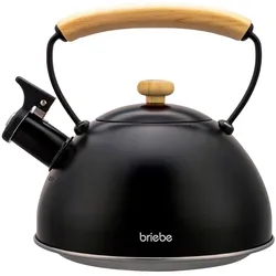 Briebe Wooden Wasserkessel Induktion Flötenkessel 2,5L Edelstahl, Holzgriff, Schwarz
