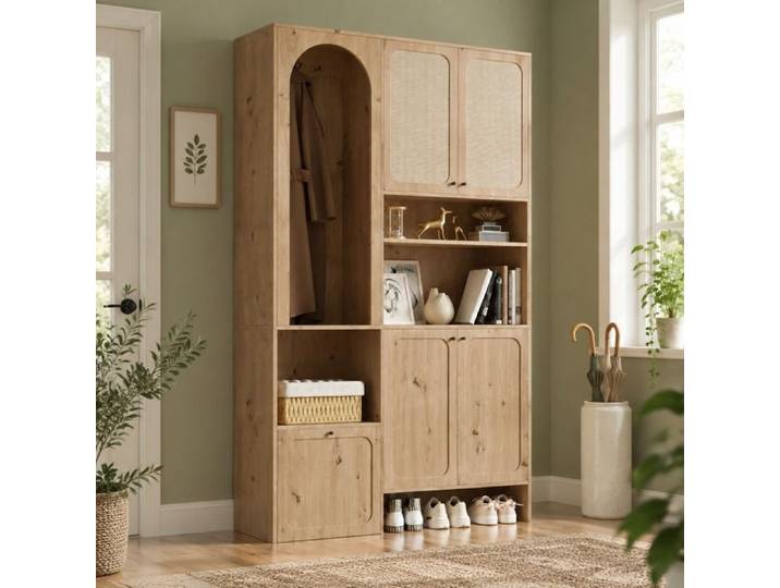 ULEVR Ensemble vestiaire d'entrée naturel 120 x 35 x 200 cm 4 portes décor rattan rangement chaussures