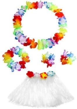 Useful Little Things Hawaiian Dance Child Skirt With Leis Costume 15.7 Inch Elastic Luau Grass Skirt Flower Bracelets Headband Necklace Set 5pcs White 15.7 In