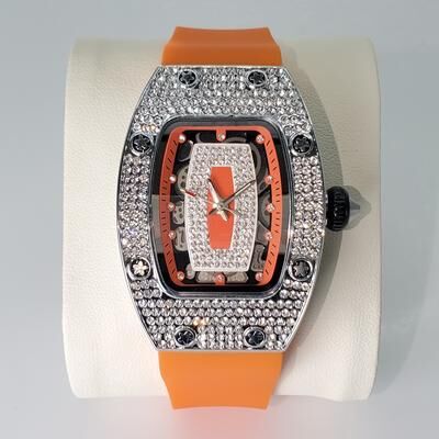 Fashion Sheath Elegant Tonneau Watch For Women Featuring Dazzling Iced Out Watch Details And A Comfortable Rubber Strap Watch Design. silver Orange