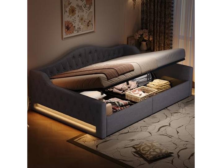 Polsterbett Tagesbett 140x200 Doppelbett mit LED-Licht & Stauraum, Grau Multifunktionales Tagesbett Gästebett 140x200 Doppelbett Funktionsbett mit LED-Beleuchtung und Stauraum, Ohne Matratze