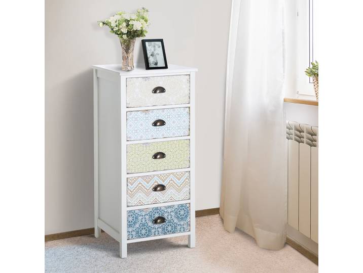HOMCOM Chiffonnier style néo-rétro graphique 5 tiroirs blanc