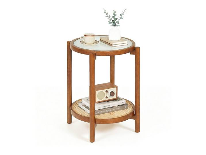 COSTWAY Couchtisch, Runder Beistelltisch mit Stauraum, Nachttisch holz