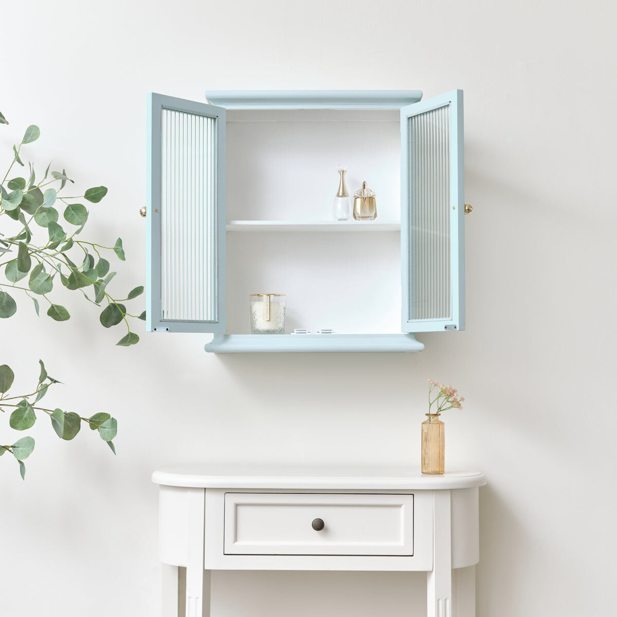 Duck Egg Blue Reeded Glass Wall Cabinet Metal, Glass, Wood