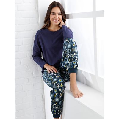 Schlafhose, Damen, Gr. 48/50, Normalgrößen, blau (dunkelblau, bedruckt), 100% Baumwolle, geblümt, gemustert, mehrfarbig, Hosen Schlafhose