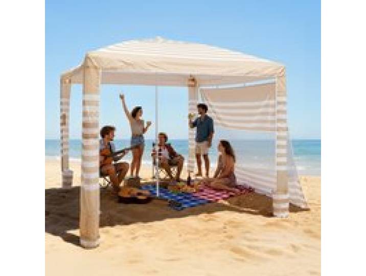VEVOR Strand-Cabana, 2,4 x 2,4 m Strandüberdachung mit Seitenwand, UPF 50+ Sonnenschutz, Cabana mit Sandsäcken, höhenverstellbarer & tragbarer Sonnenschutz für die ganze Familie und Freunde