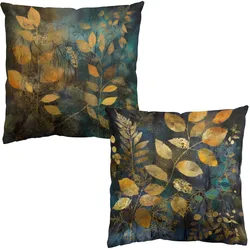 DEKOKISSEN 2er-Set Goldene Blätter auf Blau Duo 50/50 cm