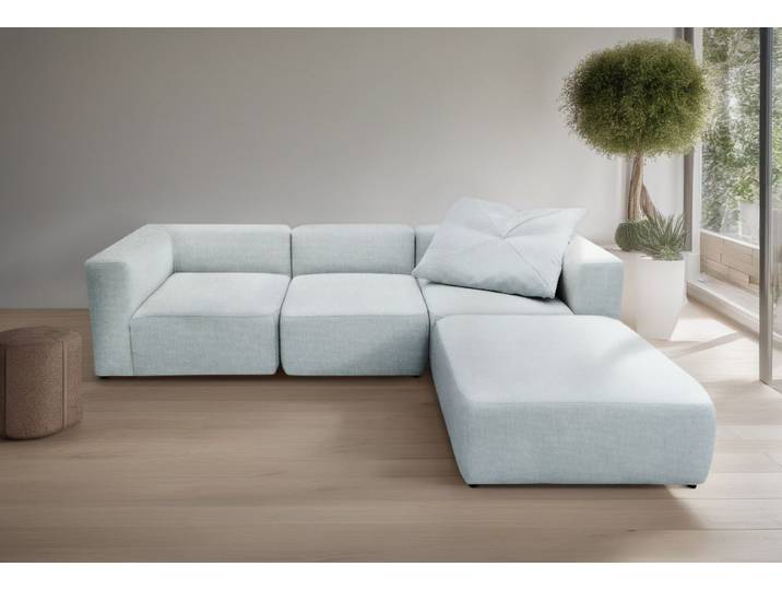 3-Sitzer HOME AFFAIRE Utvik kann individuell zusammengestellt werden , blau (hellblau), B:301cm H:69cm T:108cm, 95% Polyester, 5% Nylon, Sofas, 3-Sitzer, Modulsofa, bestehend aus 2 Eck-, 1 Mittelelement und 1 Hocker