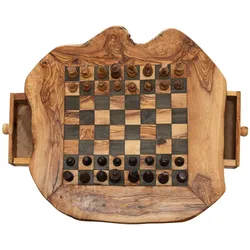 Natura Punto Olivenholz-Schachbrett mit Figuren und kleiner Schublade, 40 x 40 cm, Made in Italy