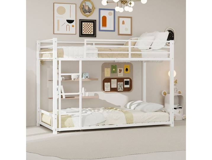 URTR Lit superposé 90x190 cm - Lit mezzanine avec échelle et Barrière de sécurité - Design silencieux - Sommier métallique - Blanc