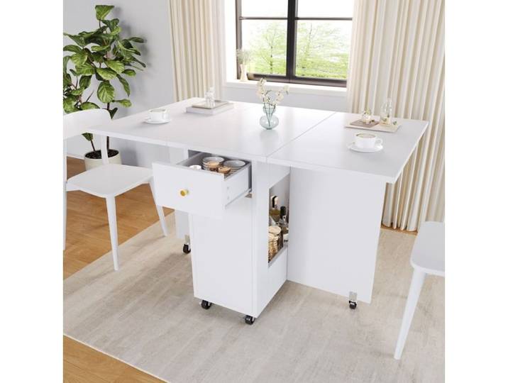 SENVIRO Table a manger pliante avec rangement mobile 120x75x75cm blanc