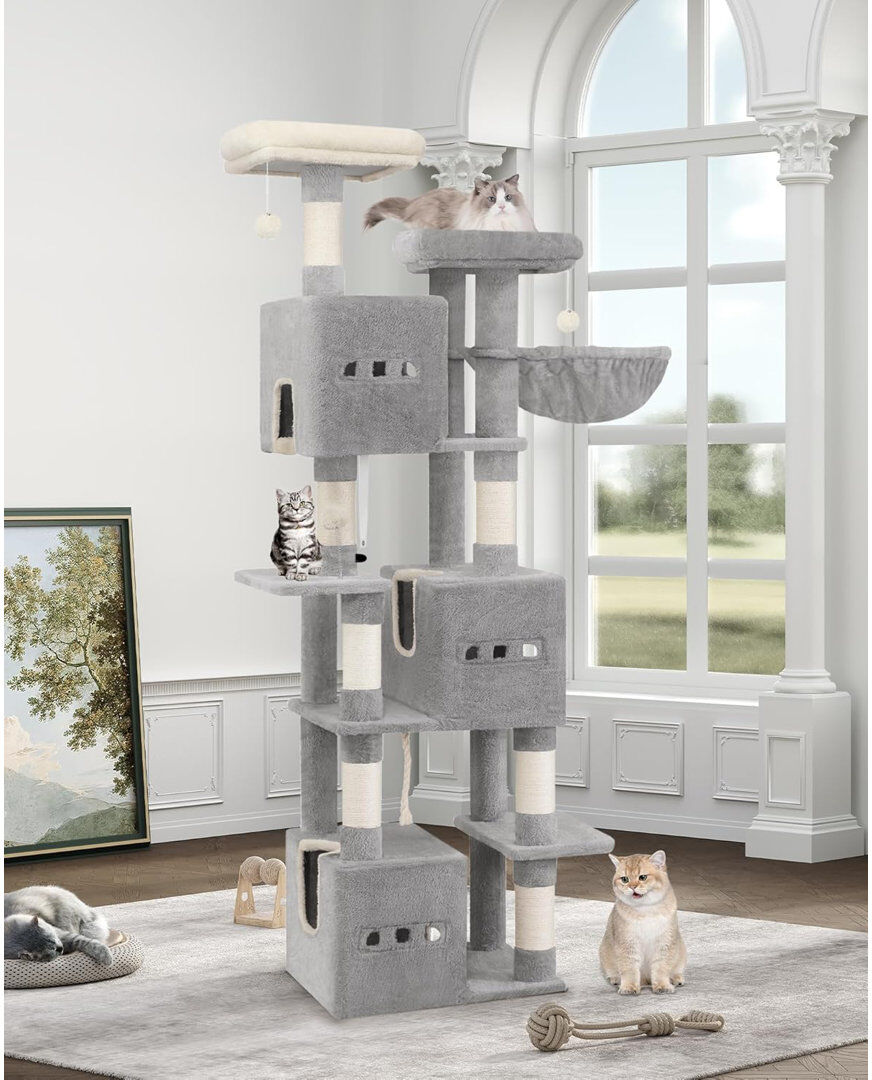 Archie & Oscar 193 cm Cat Tree, Large Cat Tower for Indoor Cats, Multi-Level Cats House Furniture with 2 Platforms, 3 Condos, 7 Scratching Posts, 1 Basket, 3 Caves, Light grey 193cm H X 55cm W X 43cm D