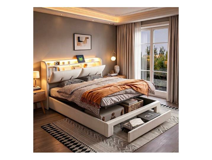 Simurq Polsterbett 160×200 cm LED-Bett mit Stauraum und Ladeanschluss (Modernes Jugendbett mit ruhigem Design), Pneumatischer Speicher, komfortabler Samtbezug