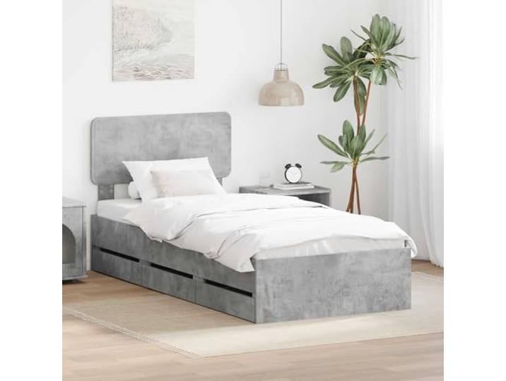 RJPLMFV Bettgestell, 90 x 190 cm, Holz, Betongrau Verstellbarer Kopf, versteckte Schubladen, feste Latten, integrierte Aufbewahrung