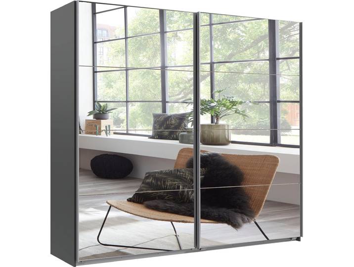 Schwebetürenschrank WIMEX England , grau (graphit, spiegel), B:225cm H:208cm T:65cm, Holzwerkstoff, Schränke, Schwebetürenschrank, 2-türig, mit vollverspiegelter Schrankfront, in diversen Breiten