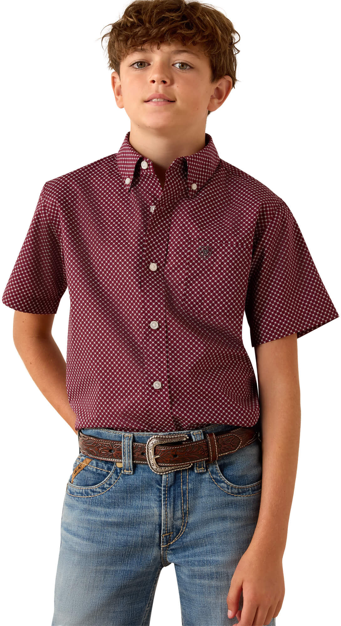 Kid's Pippin Shirt in Maroon Banner Geo Print, Size: XS by Ariat