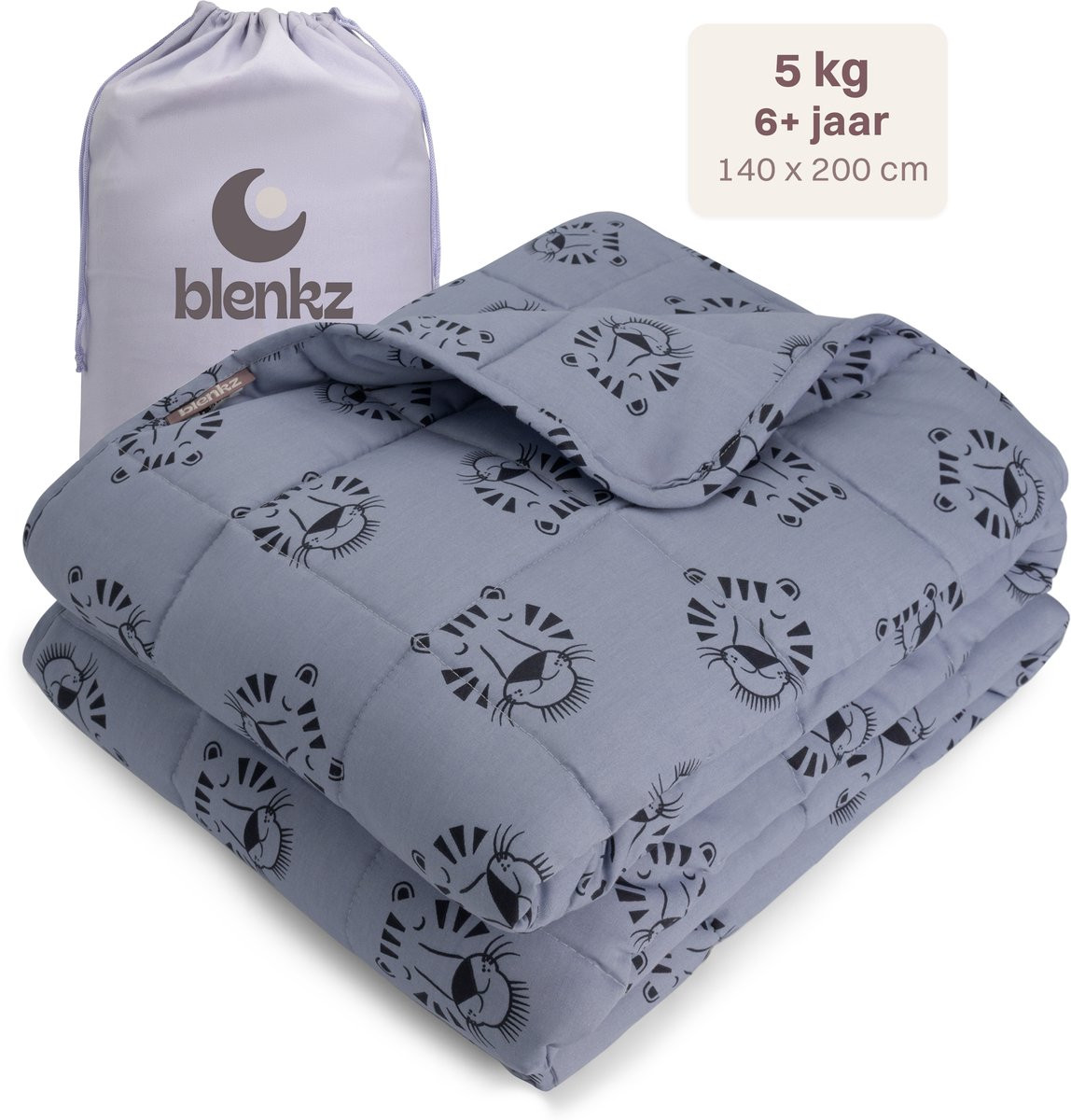 BLENKZ Verzwaringsdeken Kind 5kg Tigerface Blue 140x200 cm