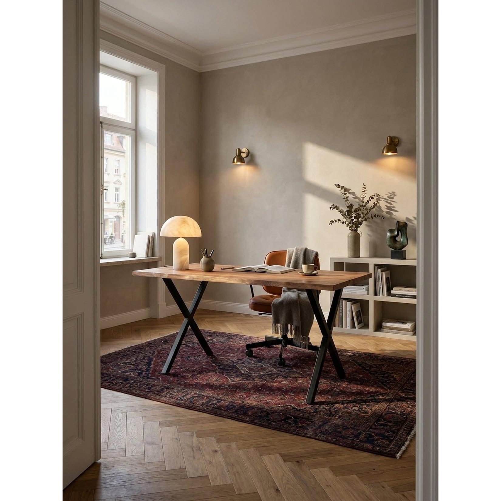Schreibtisch Massivholz Baumkante X-Gestell, Akazie 140x80x76 cm