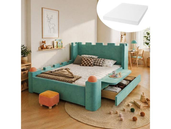 OKWISH Polsterbett Kinderbett (Funktionsbett mit Stauraum-Schublade & klappbarer Seitenablage, 140x200 cm, Burg-Design, weicher Anti-Kollisions-Kanten Schutz, Stauraumbett Jugendbett), Inklusive Matratze