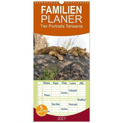Familienplaner 2027 - Tier Portraits Tansania mit 5 Spalten (Wandkalender, 21 x 45 cm) CALVENDO