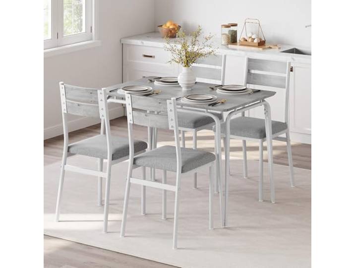 Thaookte Esstisch Mit 4 Esszimmerstühlen, Esszimmermöbel-Set, Essgruppe, Für Wohnzimmer, Küche Und Esszimmer, Metallrahmen, Einfache Montage, Kleine Räume, Grau + Weiß
