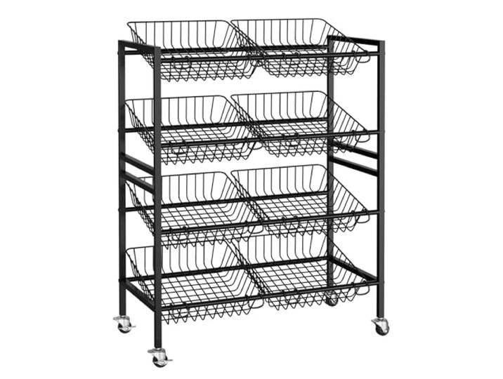 Evermagin Obst- und Gemüsekorb mit 4 Etagen für Küche, Aufbewahrungswagen mit Rollen, Mental Wire Obst Gemüse Wagen Ständer Rack für Speisekammer (Schwarz)