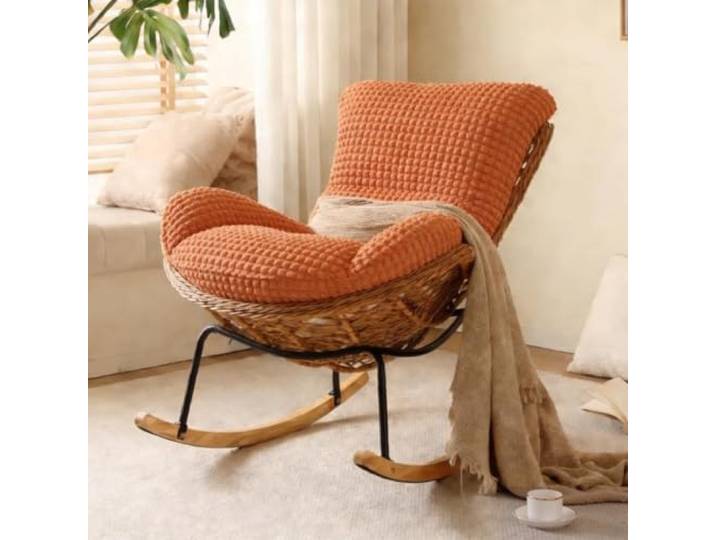 TINGMIAN Handgefertigter Rattan-Webstuhl, bequemer Lounge-Stuhl Bequemer Loungesessel aus PU-Leder, gepolstert, für Erwachsene, ideales Wohnzimmer oder Schlafzimmer (Gitterorange)