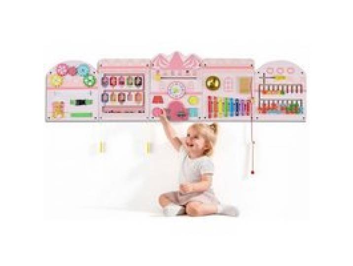 VEVOR Montessori Busy Board 14-in-1 Sensorisches Wandmotorikbrett Burgform, Motorikspielzeug zur Bildung & Frühe Entwicklung für Kinder, aus MDF-Platten, mit Xylophon Uhr Zahnrädern & Lernelementen