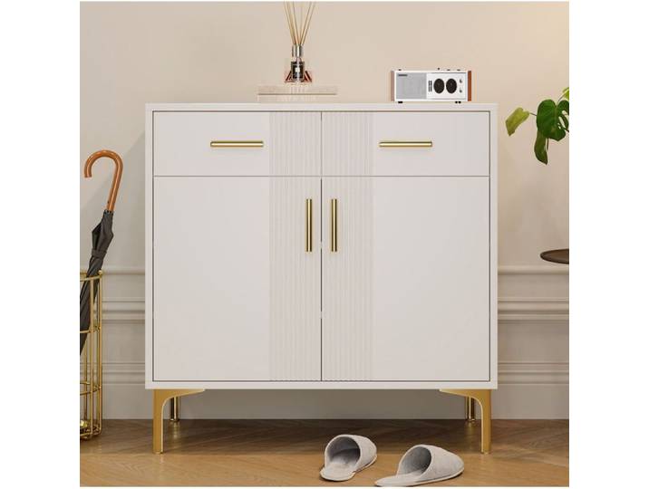 Buffet 80x35x79 5 cm 2 portes 2 tiroirs avec rangement structure stable MDF blanc pour salon ou entrée