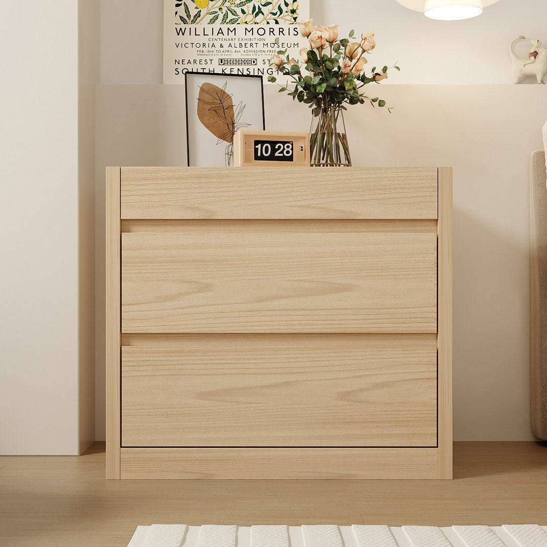 17 Stories 66cm Oak Effect Bedside Table with 2 Drawers & Hidden Pull-Out Storage, No Handle Design Brown 60cm H X 66cm W X 40cm D