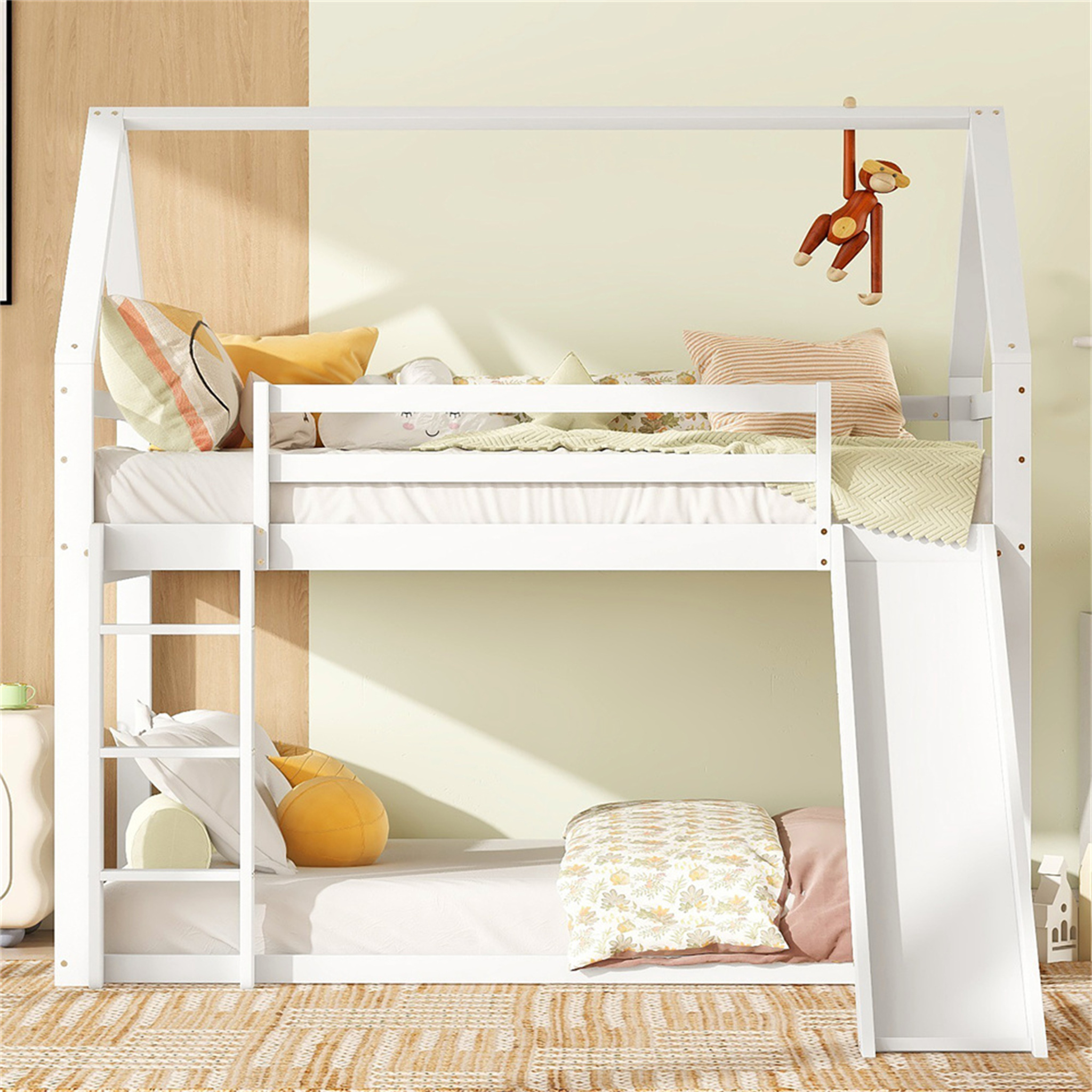 Etagenbett Einzelbett Kinderbett Hausbett Etagenbett mit Rutsche, und Leiter, Weiß, 90x200cm