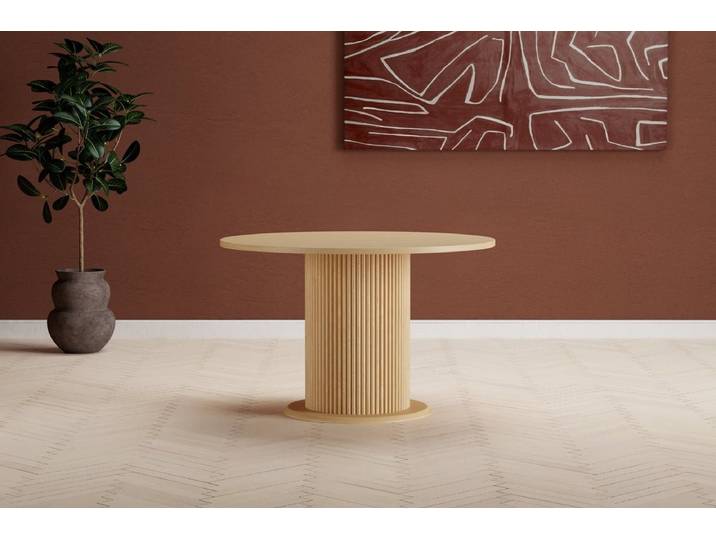Esstisch Elsa - Rund mit gerippter Säule & Holzoptik - Beige - Luxusbetten24