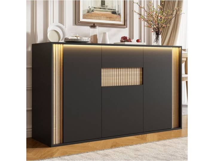 MEULVA Buffet bas 140 cm avec 3 portes 1 tiroir LED réglable effet bois noir en panneaux de particules