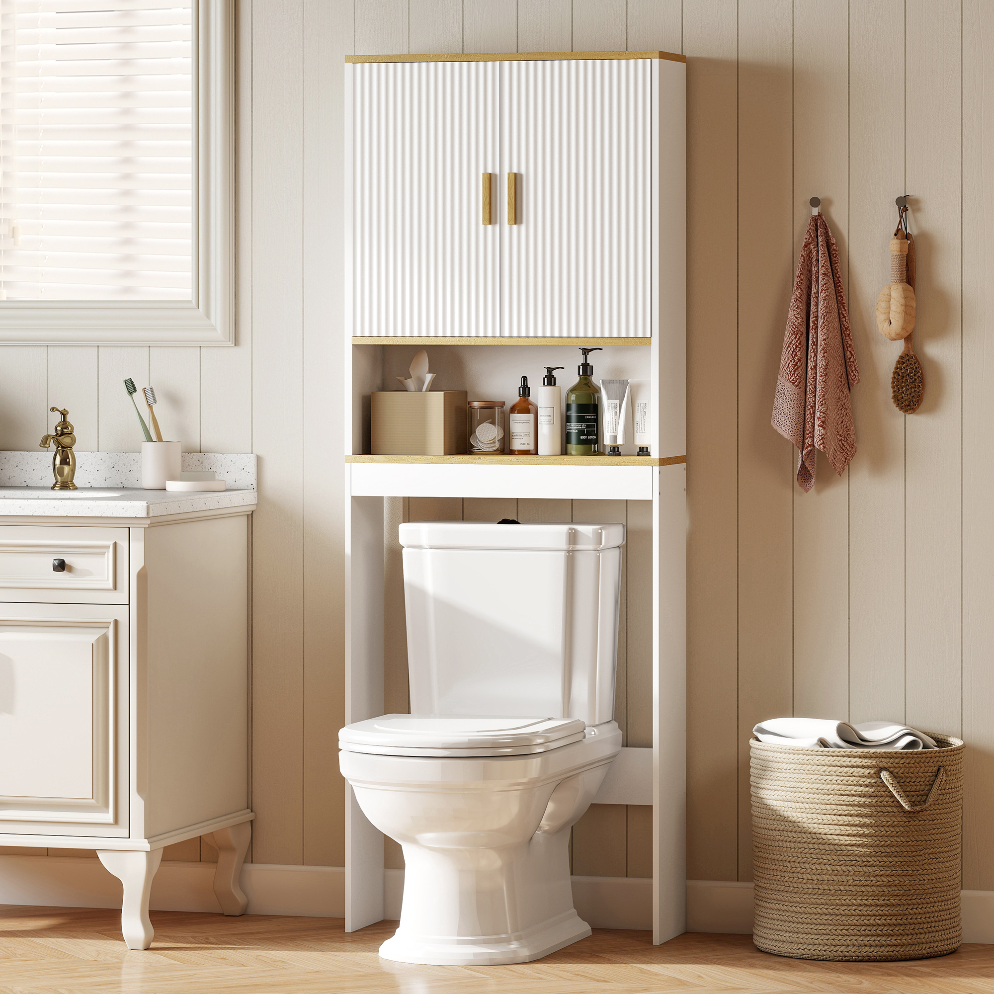 Homcom Scaffale Sopra WC a 3 Livelli, Scaffale Sopra La Toilette Salvaspazio con Ripiano Regolabile, Mensola Aperta, Autoportante, Bianco e Rovere   Aosom Italy