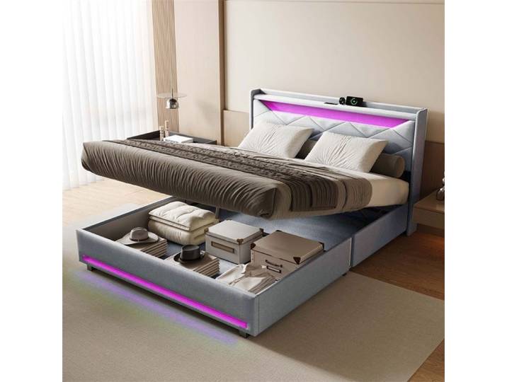 Lit Double 140x200cm - Lit Coffre 140x200cm - Lit Adulte avec Prise USB et Éclairage LED Intégré - Sans matelas - Gris