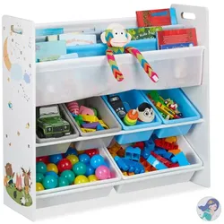 Relaxdays Kinderregal mit 10 Fächern und Motiv Weiß,Grau,Hellblau