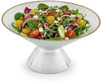 Vivience "Footed Glass Salad Bowl Ribbed with Gold Rim - 8.25""D - .25"