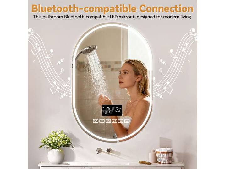 Miroir mural LED intelligent 60 x 90 cm éclairage intégré haut-parleur Bluetooth et 3 couleurs miroir incassable