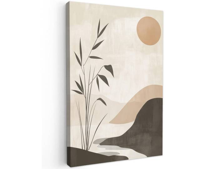 MuchoWow Leinwandbild - Japandi - Landschaft - Beige - 60x90 - Kunstdruck, Cognac, Textil, Kiefer, Abstrakt, Rechteckig, 60x90 cm, gerahmt, Bilder & Rahmen, Bilder, Wandbilder