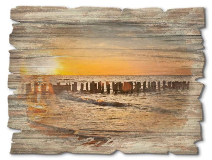 Holzbild ARTLAND Schöner Sonnenuntergang am Strand , orange (farbe bild(er): orange), B:40cm H:30cm, Bilder, Holzbild