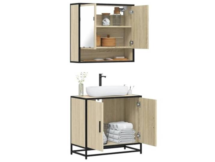 2-tlg. Badmöbel-Set Sonoma-Eiche Holzwerkstoff mit Waschbeckenunterschrank Metallgestell, feuchtigkeitsbeständig, Wandmontage, Stauraum, Lowboard, industrielle Optik