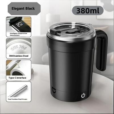 Inspire Select Smart Self Stirring Temperature Display Mug USB Rechargeable Magnetic Coffee & Protein Mixer Cup 13 Fl Oz black