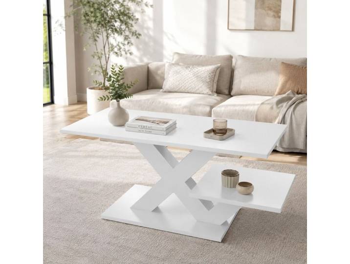 Table Basse 100x48x45 cm Table Rectangulaire de Salon X Pieds Double Couche Table Basse Salon Blanc