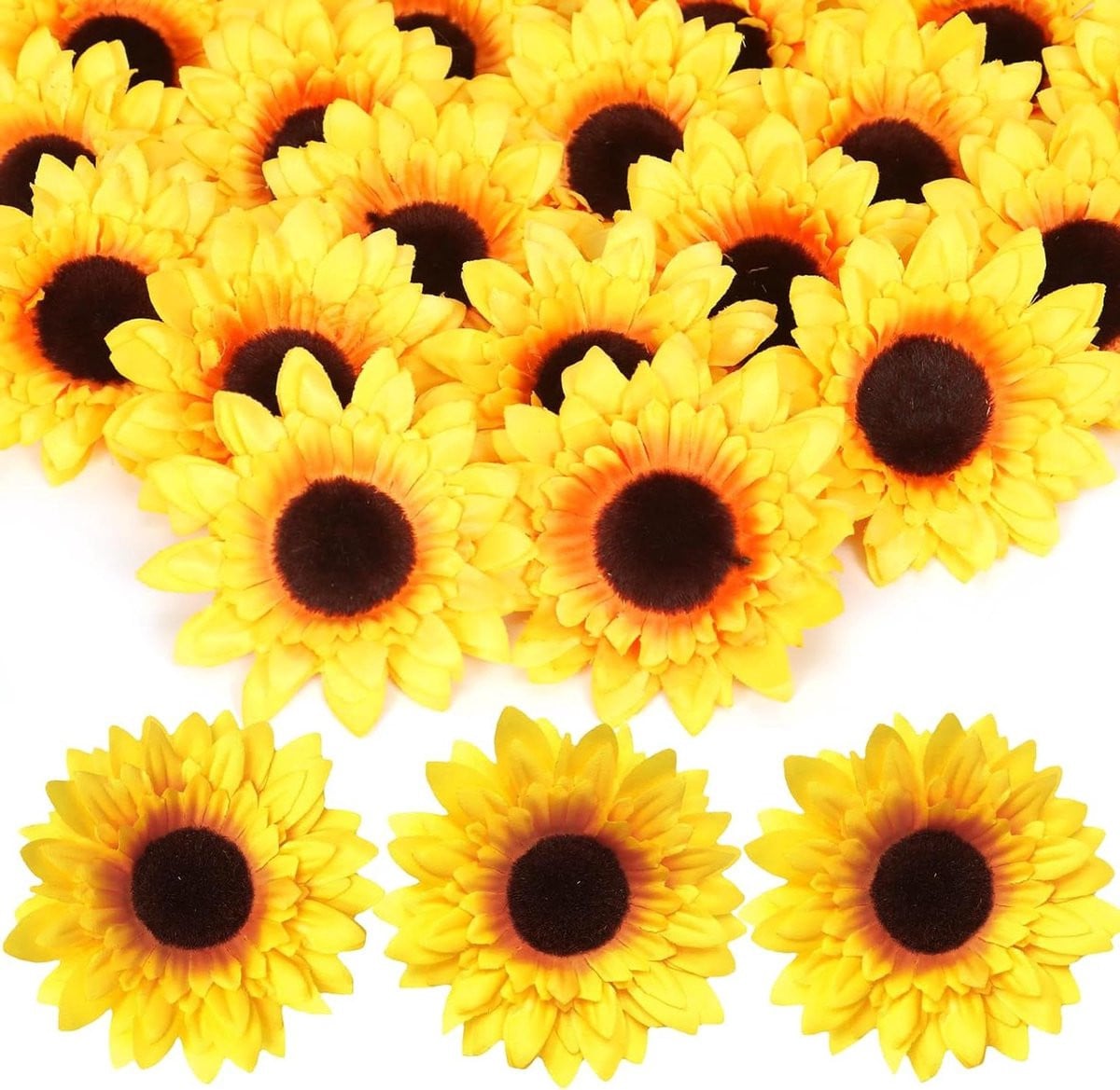 Set van 24 gele kunstzonnebloemen met dubbele bloemblaadjes van zijde, diameter 9 cm
