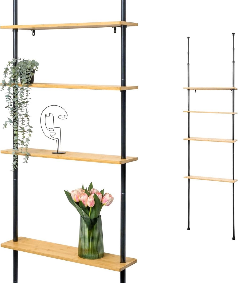 Telescopische wandplank van bamboe met 4 verstelbare planken voor de badkamer, keuken of woonkamer