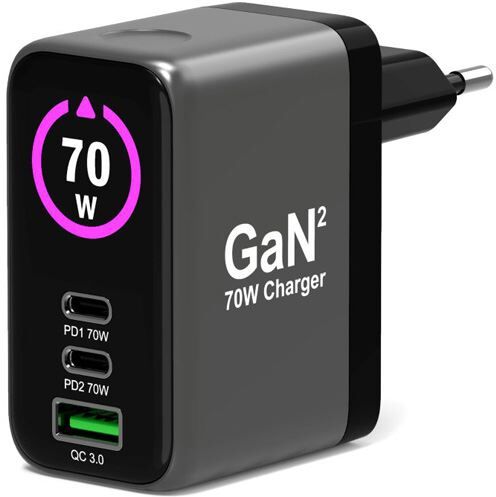 Port Carregador GaN2 USB+ 2 x USB-C  - 70W - Preto